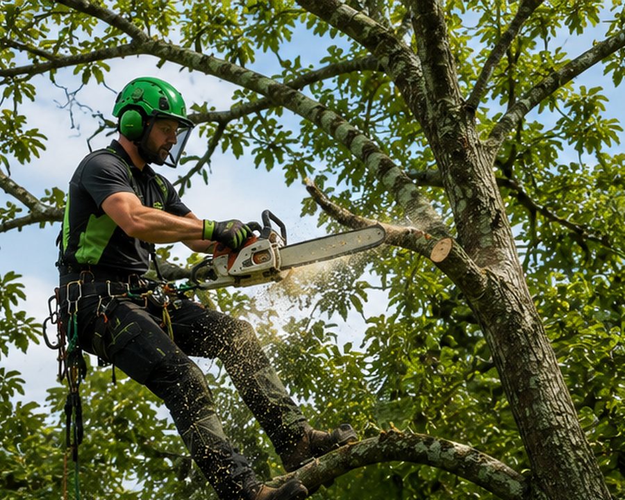 Tree surgeon pruning a garden tree in Worcester