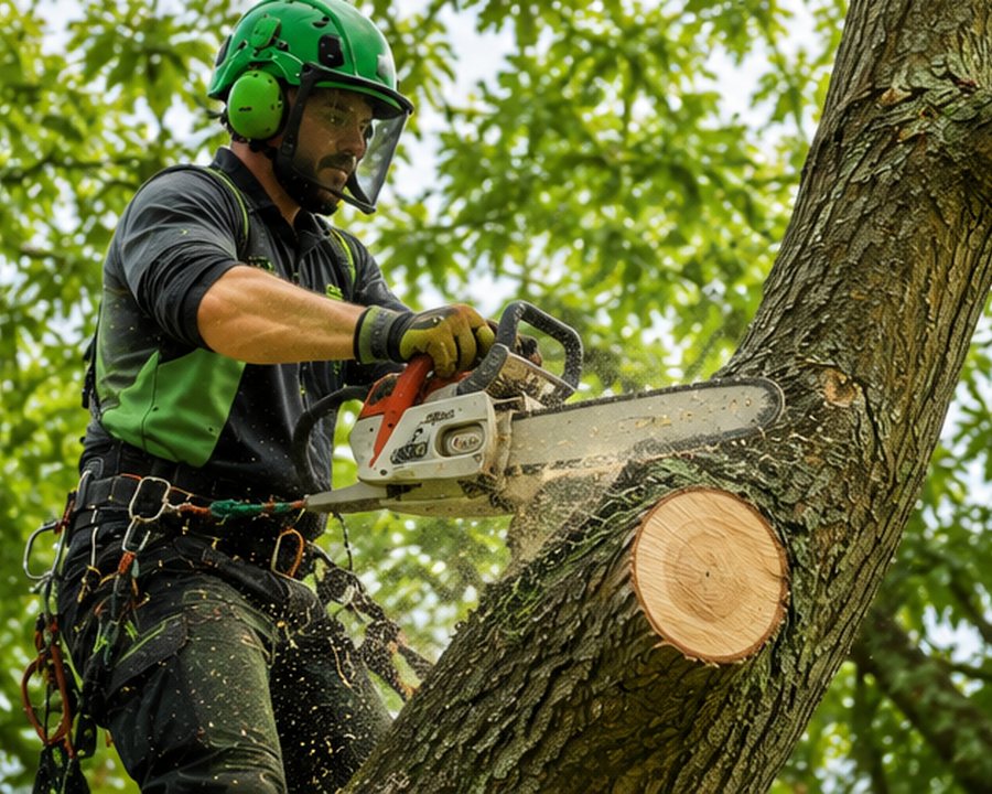 Climbing tree surgeon working at height in Worcester